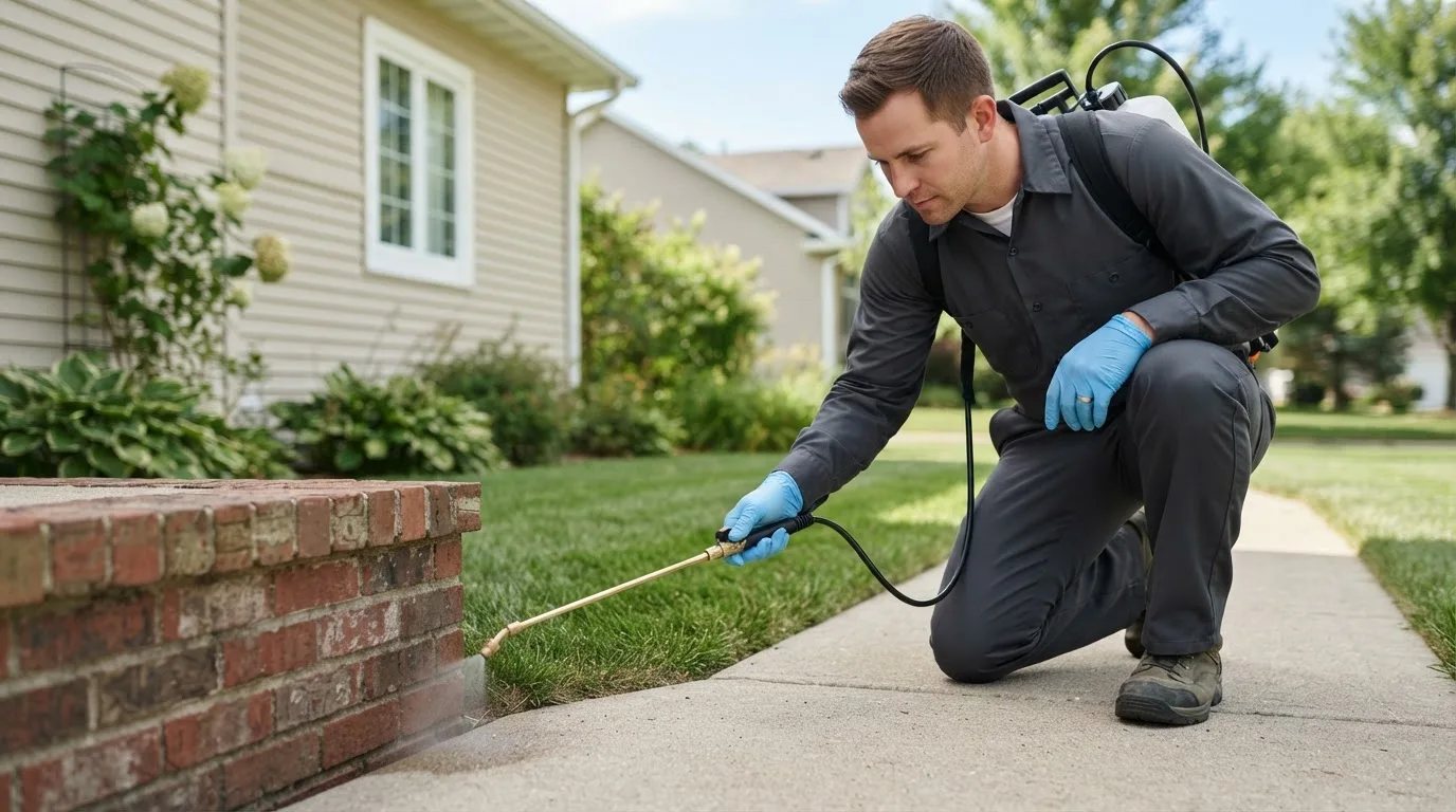 Pest control technician treating a home near Two Harbors, MN
